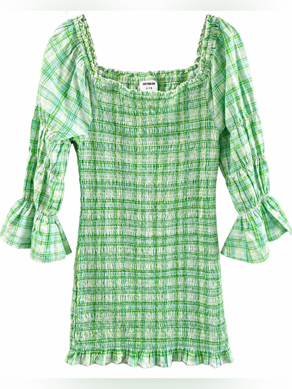 Cotton On Green Plaid Smocked Mini Dress Large Cottagecore Bell Sleeve